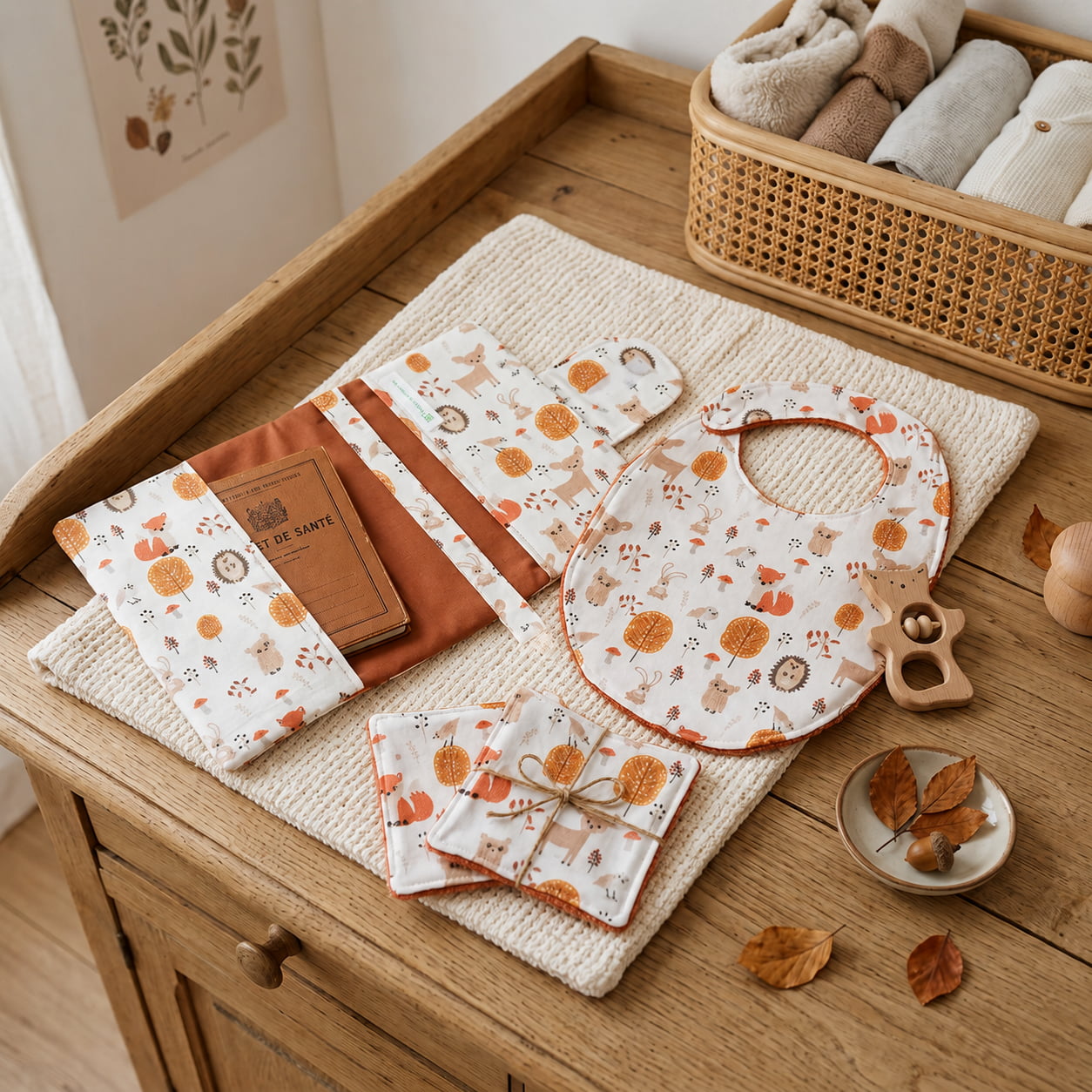 Détails de l'ensemble bébé : bavoir à pression, protège carnet de santé motif renard et lingettes 11cm en éponge douce.