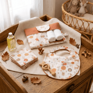 Détails de l'ensemble bébé : bavoir à pression, protège carnet de santé motif renard et lingettes 11cm en éponge douce.