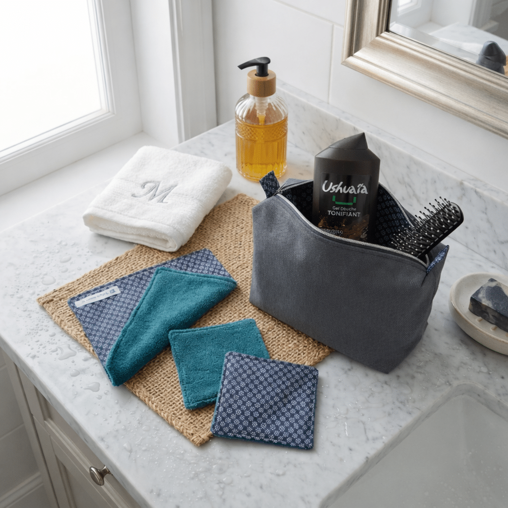 Trousse de toilette homme grise ouverte sur comptoir marbre, gel douche Ushuaia Cèdre Énergise, brosse, lingettes lavables turquoise et motifs bleus, serviette blanche monogramme M.