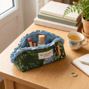 Pochette en tissu ouverte révélant un rouge à lèvres, un flacon d'huile et une bague.