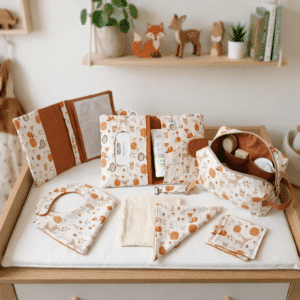 Coffret cadeau naissance 7 pièces motif animaux de la forêt, protège carnet de santé et lingettes en éponge de bambou.