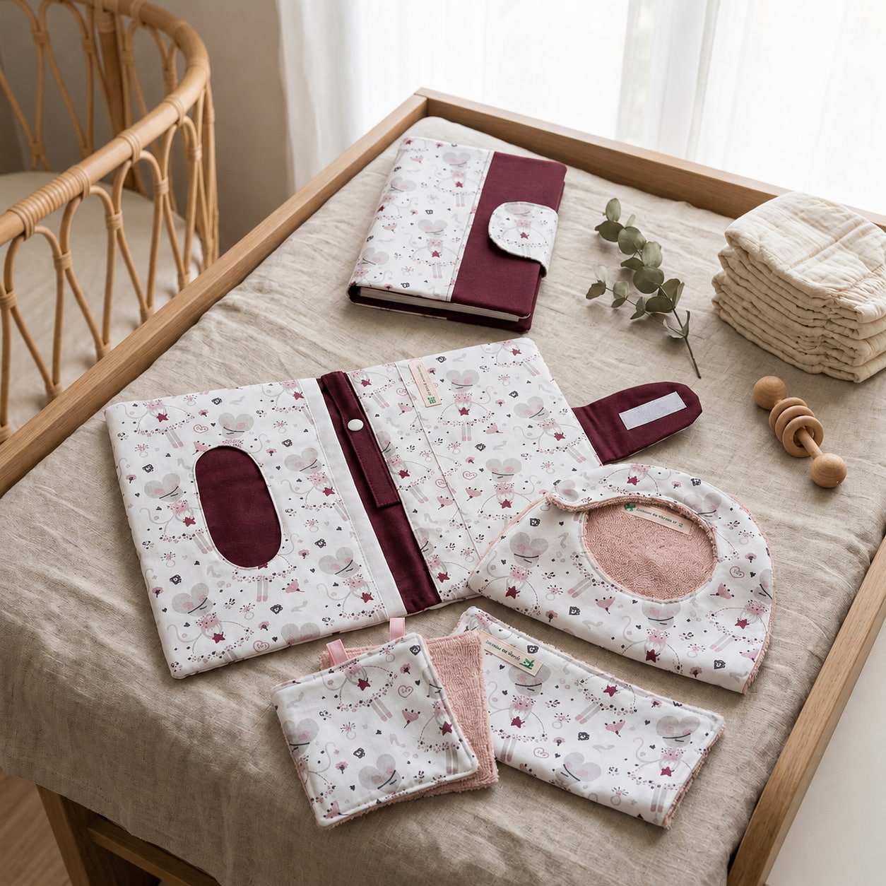 Le même ensemble d'accessoires pour bébé, présenté ouvert pour montrer l'intérieur. On y voit la pochette à langer dépliée avec une ouverture pour les lingettes, l'envers rose éponge du bavoir et les détails des fermetures à scratch et à pression.