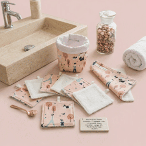 Ensemble de 7 lingettes démaquillantes roses avec panier et serviette assortis sur un meuble de salle de bain en bois.