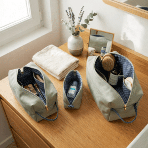 Vue d'ensemble des trois formats de trousses L'Escapade (XL, grande et demi-lune) en coton épais vert avec poignées japonaises.