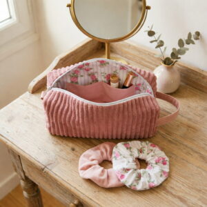 trousse-toilette-velours-rose-poudre-fleuri-accessoires (1) rousse de toilette artisanale en velours côtelé rose avec intérieur fleuri et deux chouchous assortis sur une coiffeuse.