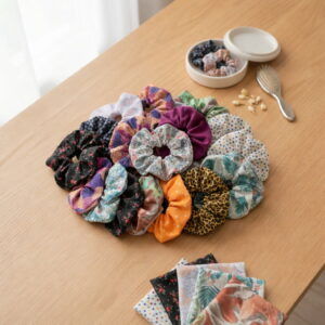 accessoires-cheveux-chouchous-pochette-cadeau-femme Collection de chouchous artisanaux présentés sur une table en bois avec une brosse à cheveux, idée cadeau femme.