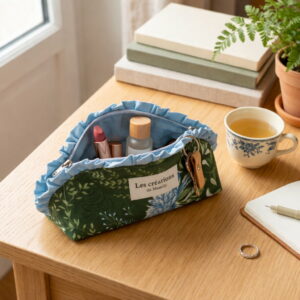 Pochette en tissu ouverte révélant un rouge à lèvres, un flacon d'huile et une bague.