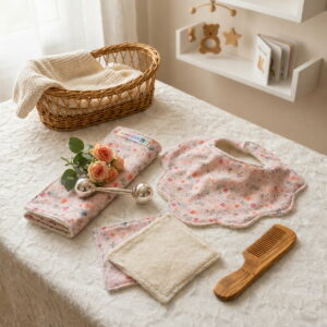 Accessoires de puériculture faits main collection Tendres Fleurettes dans une chambre de bébé.