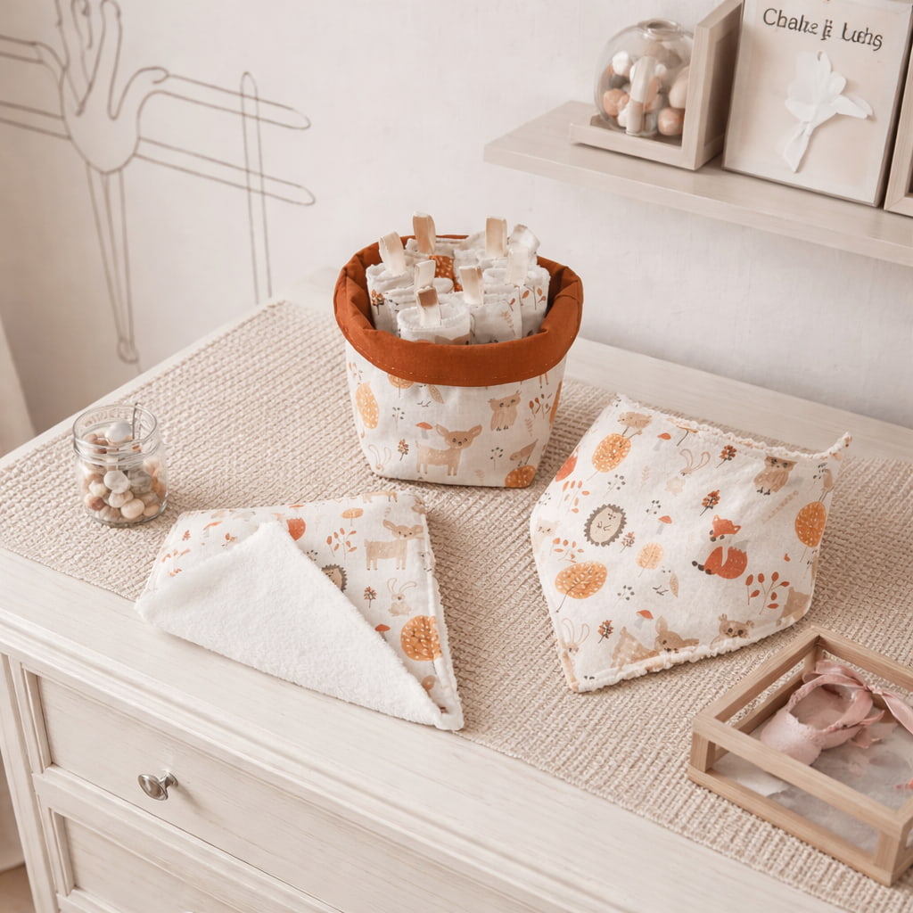 Mise en situation d'un ensemble de soin pour bébé sur une table à langer en bois, thème forêt et animaux mignons.