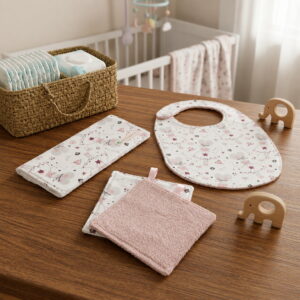 Bavoir et lingettes bébé posés sur une table en bois dans une chambre d'enfant avec panier de soins.