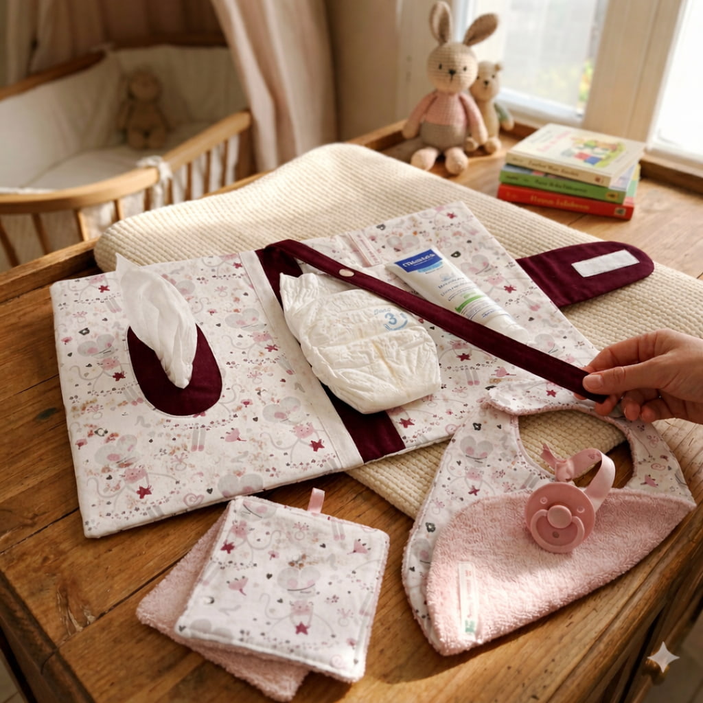 Intérieur de pochette à langer nomade avec compartiments pour couches, lingettes et soin, motif souris danseuses."
