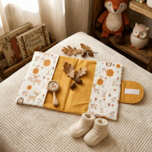 Protège carnet de santé "La Forêt" ouvert avec marque-page et intérieur moutarde dans une décoration de chambre de bébé