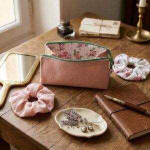 Trousse de rangement artisanale « Les créations de Mamily » posée sur une table en bois avec accessoires de beauté et chouchous.
