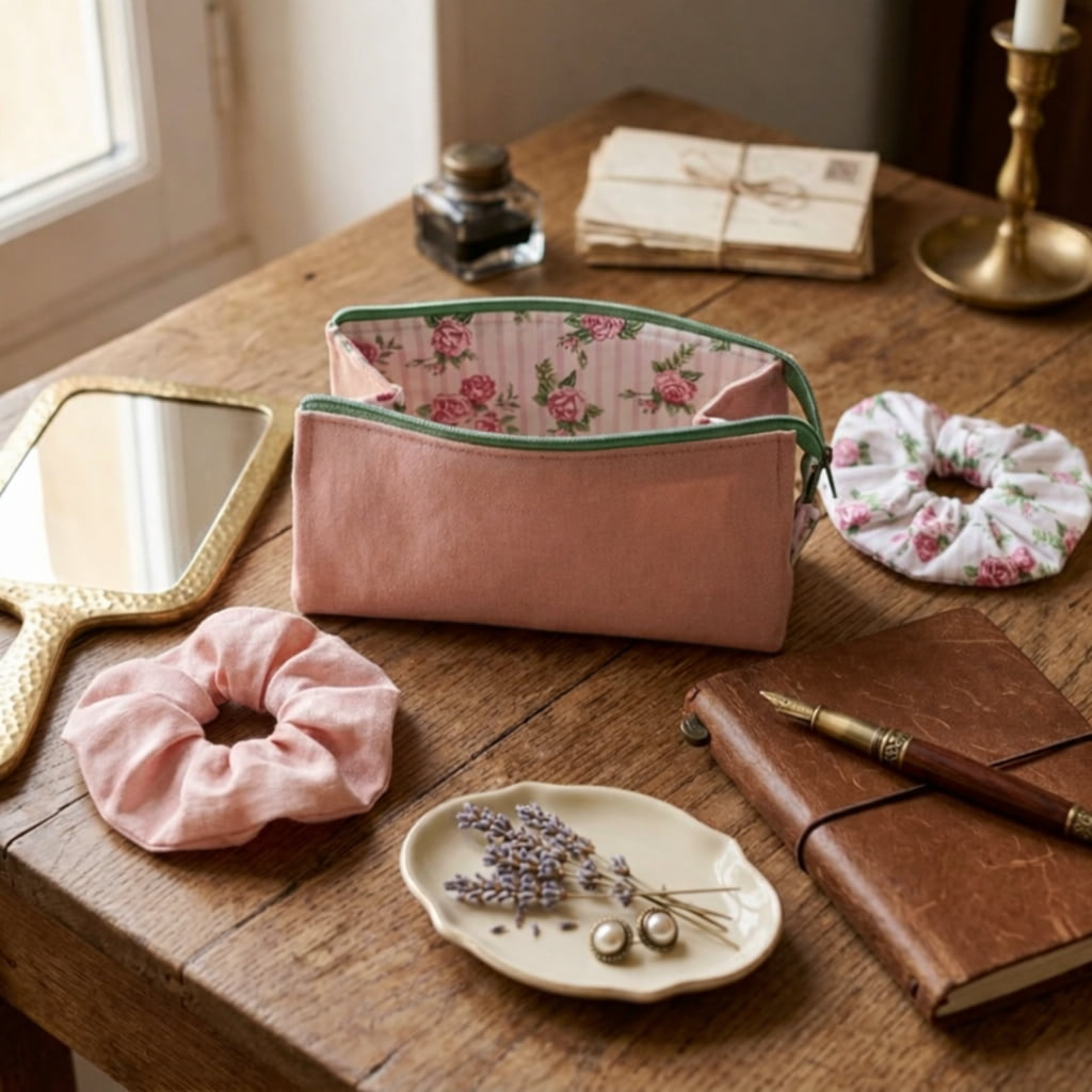 Trousse de rangement artisanale « Les créations de Mamily » posée sur une table en bois avec accessoires de beauté et chouchous.