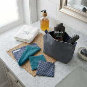 trousse-toilette-ushuaia-homme-lingettes Trousse de toilette homme grise ouverte avec gel douche Ushuaia Cèdre Énergise, brosse et lingettes de soin lavables turquoise et motifs bleus.