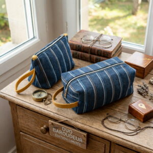 trousse-voyage-homme-denim-style-vintage Duo de trousses Baroudeur fermées en tissu jean rayé bleu posées sur un meuble vintage en bois.