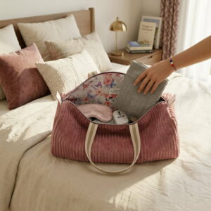 Sac de voyage souple "Le discret" ouvert sur un lit, montrant sa doublure intérieure imprimée de fleurs et papillons.