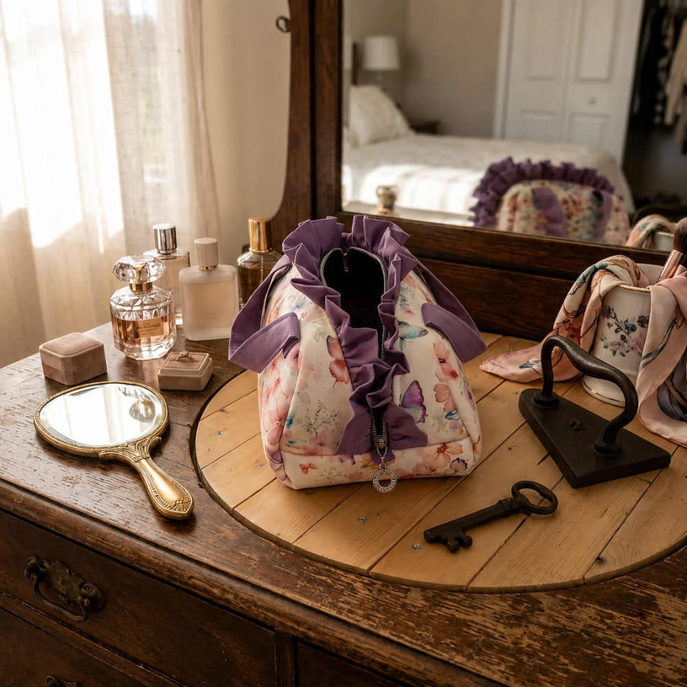 Vanity en tissu renforcé ouvert sur une table de toilette montrant sa doublure en coton violet et son grans espace pour flacons.